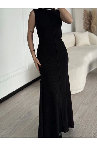 Moda Asmira Sleeveless Half Throat Long Dress - Black