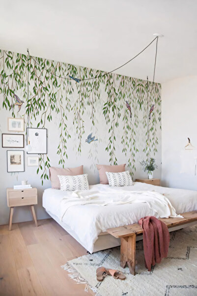 VestaWall - Sarkık Dallar ve Kuş Desenli Yüksek Kaliteli Duvar Kağıdı