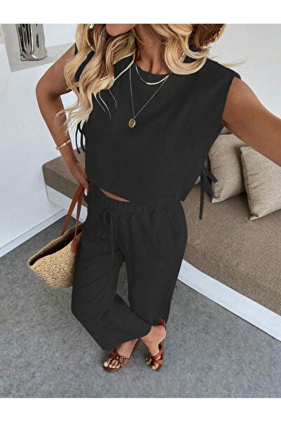 Caddebostan Moda Side Tie-Up Lace Detail Strawberry Woven Linen Summer Trend Short Pants Sleeveless Suit