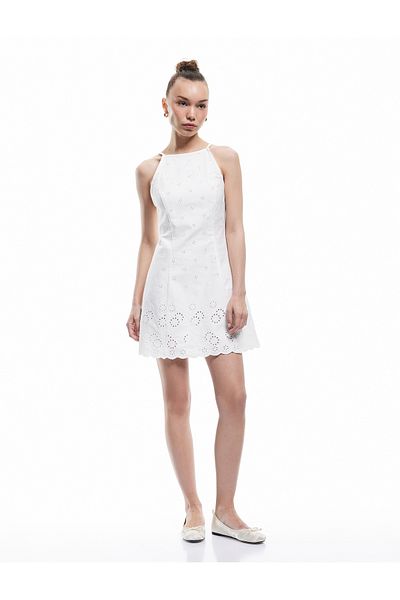 Koton New Season Slim Fit Halter Neckline Flower Embroidered Sleeveless Mini Fisto Dress