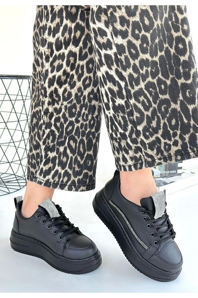 ufukmoda Leope Black Leather Lace-Up Sports Shoes