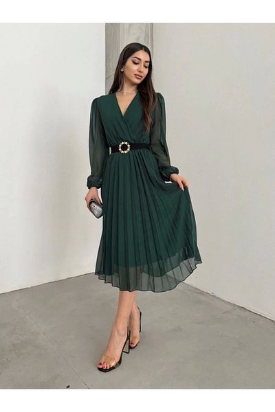 nedo7 Women's chiffon fabric lined flared cut double breasted collar midi length dress