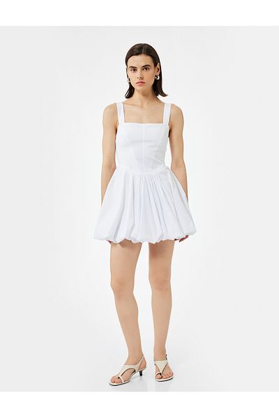 Koton Lined Loose Fit Square Neck Sleeveless Strap Mini Balloon Dress