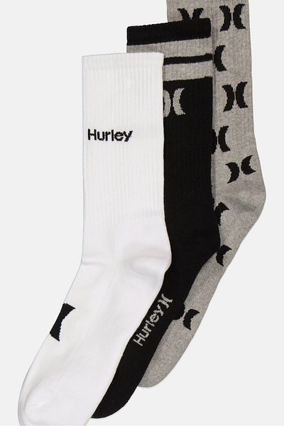 Hurley Men 3 Pairs Brand Logo Terry Crew Socks, Multicolor