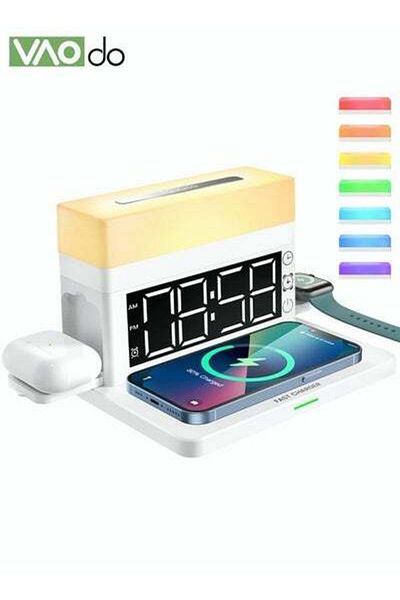 VAODO 6 In 1 Smart Alarm Clock White Multi-Function Wireless Charger Desktop Clock Night Light Table Lamp