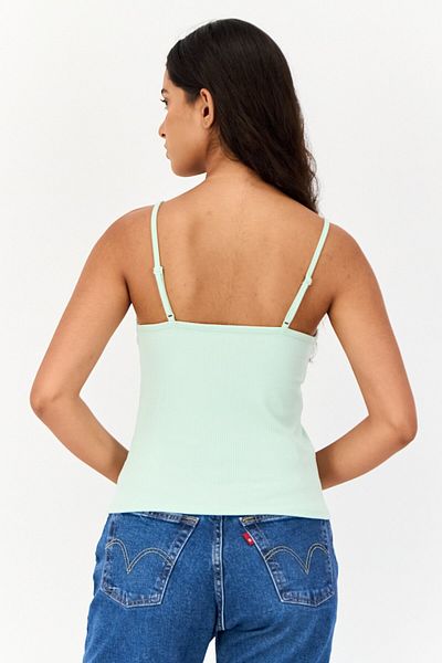 AMERICAN EAGLE Women Square Neck Sleeveless Ribbed Tank Top, Mint Green
