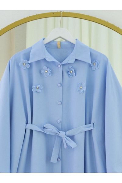 Modamorfo Front Floral Detailed Lace-Up Waist Buttoned Poncho -Blue