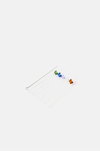 BEBEHOME 6 Pieces Glass Straws Set With Colorful Butterfly, Transparent