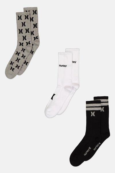 Hurley Men 3 Pairs Brand Logo Terry Crew Socks, Multicolor