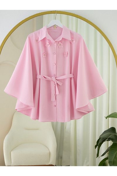 Modamorfo Front Floral Detailed Lace-Up Waist Buttoned Poncho -Pink