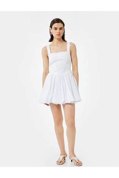 Koton Lined Loose Fit Square Neck Sleeveless Strap Mini Balloon Dress