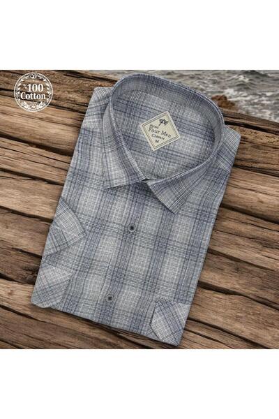 EREN STYLE Κλασικό λινό 100% βαμβακερό κοντομάνικο πουκάμισο γκρι με δύο τσέπ...