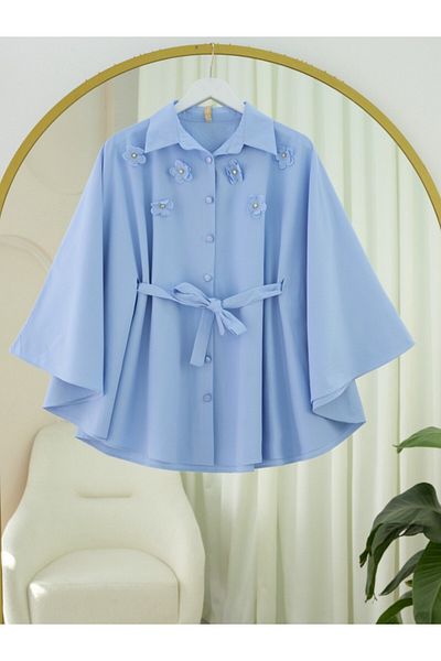 Modamorfo Front Floral Detailed Lace-Up Waist Buttoned Poncho -Blue