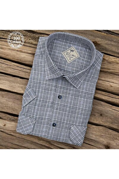 EREN STYLE Cămașă gri din lână, clasică, 100% bumbac, cu mânecă scurtă, anti-...