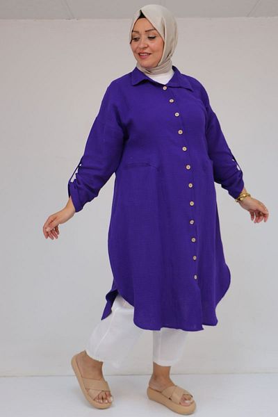 Eslina 58071-1 Plus Size Muslin Shirt with Front Pockets - Purple