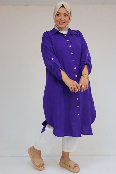 Eslina 58071-1 Plus Size Muslin Shirt with Front Pockets - Purple