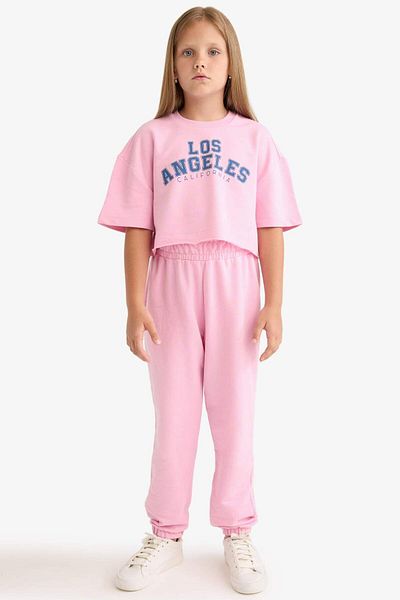 DeFacto Girls' 2-Piece Set Printed Short-Sleeved T-Shirt and Elastic Waist Sweatpants E6414A825Au