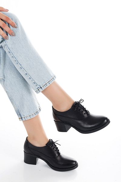 DADAX Pantofi de damă Oxford negri, 100% piele naturală, cu toc gros