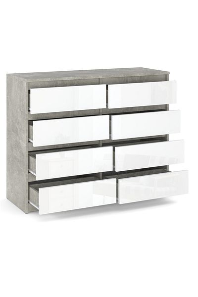 Meble Comodă TV cu sertare, beton, alb lucios, 120 cm, 8 sertare, pentru living