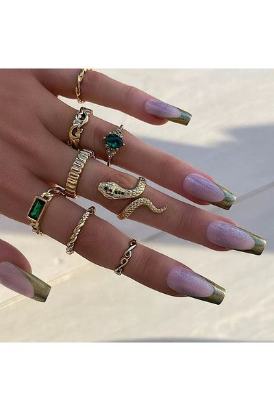 Choice 18 J060009-1 8PCSSet Of Fashionable And Retro Imitation Gemstone Snake-Shaped Twisted Rings For Wome