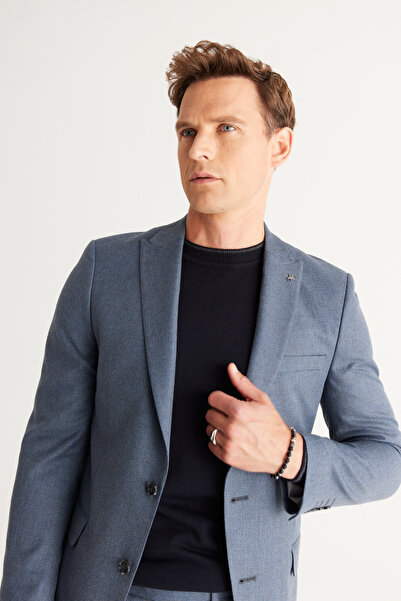 AC&Co / Altınyıldız Classics Erkek Mavi-Gri Slim Fit Dar Kesim Kırlangıç Yaka Desenli Takım Elbise