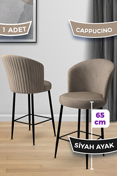 Canisa Alte Serisi 1 Adet 65 Cm Cappucino Ada Mutfak Bar Sandalyesi Babyface Kumaş Siyah Metal Ayaklı