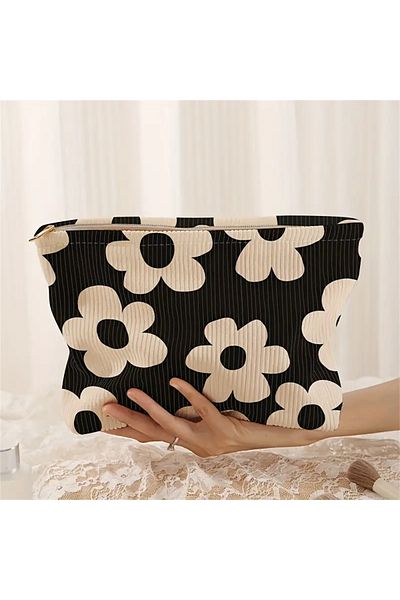 Choice 26x18x5cm A Yellow Floral Print Lightweight Zip Cosmetic Bag Organiser Corduroy with Lining Multifun