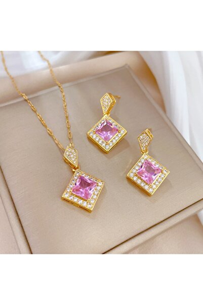 Choice Pink Exquisite Geometry Square Necklace Earrings Jewelry Set Charm Lad...