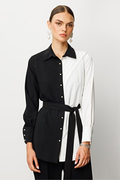 Moda İlgi Modailgi Önü Pileli Kuşaklı Renk Kombinli Gömlek Siyah/Ekru