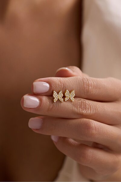 Nereze 925 Ayar Gümüş Gold Kaplama Minik zirkon Taşlı Kelebek Küpe