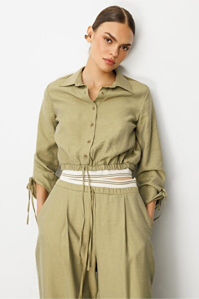 Moda İlgi Modailgi Etek Ucu Lastik ve Ribana Detaylı Bağlamalı Kısa Bluz Gömlek Yağ Yeşili