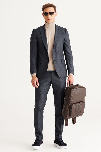 AC&Co / Altınyıldız Classics Men's Navy Blue-Grey Slim Fit Slim Fit Swallow Collar Patterned Suit