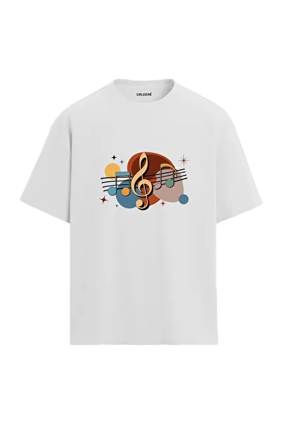 Colermi Gray Oversize T-Shirt - Retro Musical Note Pattern 100% Cotton Fabric T-Shirt