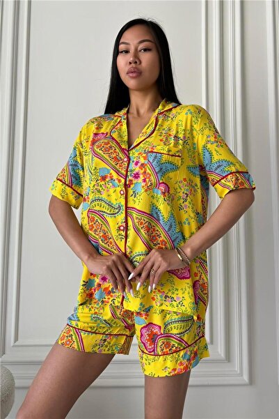COCCOLARSI Motivi Etnici Sarı Viskon Kısa Pijama Takımı