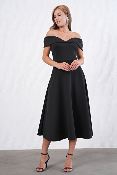 barış sülün lovebox Γυναικείο μαύρο εύκαμπτο ύφασμα κατάδυσης με στράπλες γιακά Σχέδιο Midi Flared βραδινό φόρεμα 77128