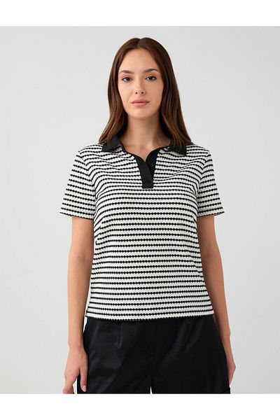 Jimmy Key Tricou negru tricotat cu guler polo cu mânecă scurtă