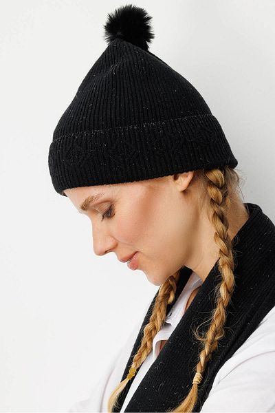Desen Triko Women's Glitter Jacquard Pompom Wool Hat Black