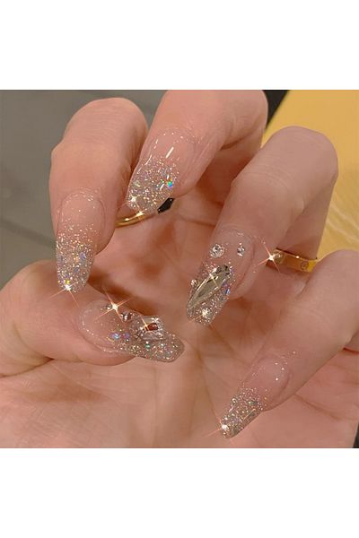 Choice Nude color 24 Pcs Short Coffin Press On Nails Pink White False Nails with Rhinestone Reusable Fake N