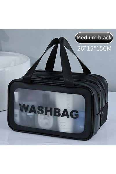 Choice Medium black Dry-wet separation double transparent PU makeup bag portable washing bag cosmetic stora