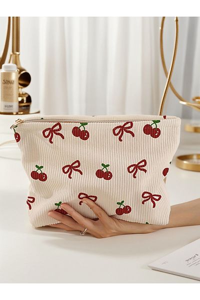 Choice bow 1pc，Pink bow patterned corduroy zipper makeup bag, lightweight and multifunctional makeup storag
