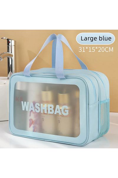 Choice Large blue Dry-wet separation double transparent PU makeup bag portable washing bag cosmetic storage