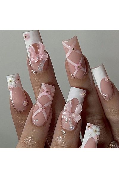 Choice Red 24pcs Ballet Fake Nails Summer Pink White Bow Design French White Edge Flash Diamond High Satura