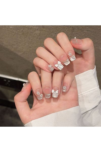 Choice XS Handmade Press on Nails Black Bowknot Decor French Fake Nails for Women Girl Wearable Rhinestone