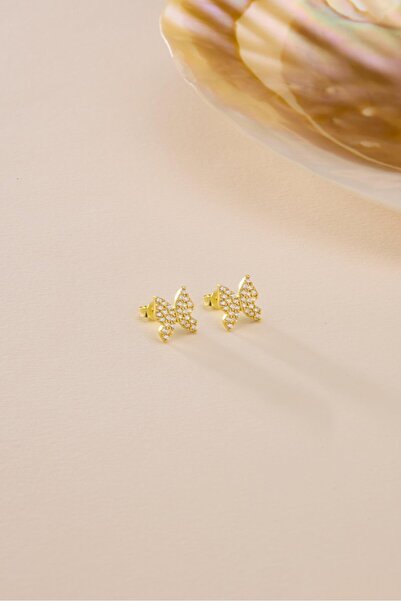 Nereze 925 Ayar Gümüş Gold Kaplama Minik zirkon Taşlı Kelebek Küpe