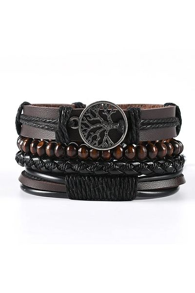 Choice ASL70461-3 4Pcs/ Set Braided Wrap Leather Bracelets for Men Vintage Life Tree Rudder Charm Wood Bead
