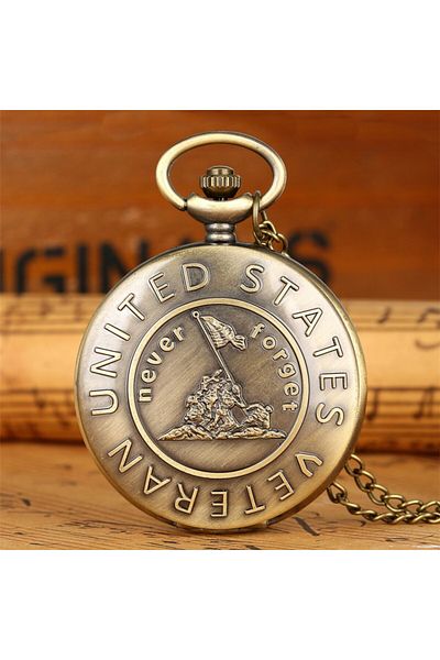 Choice bronze Vintage Bronze ‘’never forget veteran ‘’ Pattern Design Quartz Pocket Watch with Necklace Cha