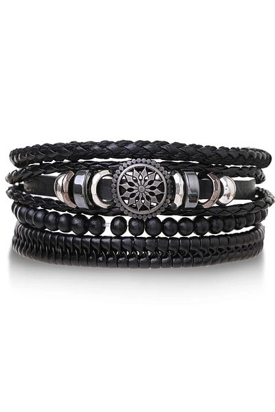 Choice ASL70461-2 4Pcs/ Set Braided Wrap Leather Bracelets for Men Vintage Life Tree Rudder Charm Wood Bead