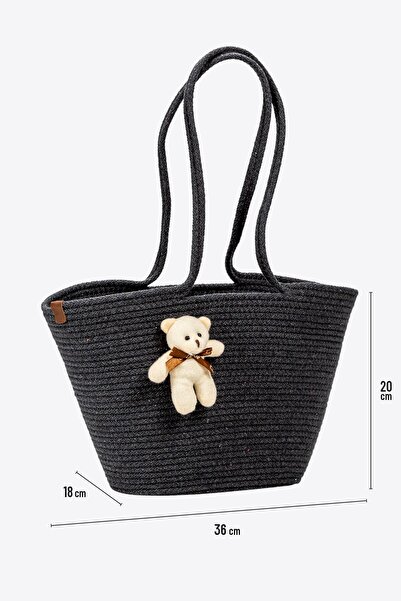 ALAS Straw Shoulder Bag Anthracite Beach Bag with Teddy Bear