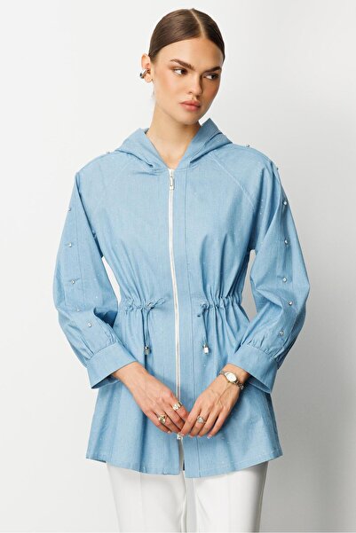Moda İlgi Modailgi Taş Detaylı Fermuar Kapamalı Kapüşonlu Tunik Mavi