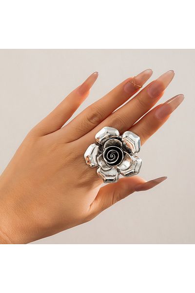 Choice Silver Color Exaggerated Metal Big Flower Rings for Women Vintage Large Finger Ring Accessories on H
